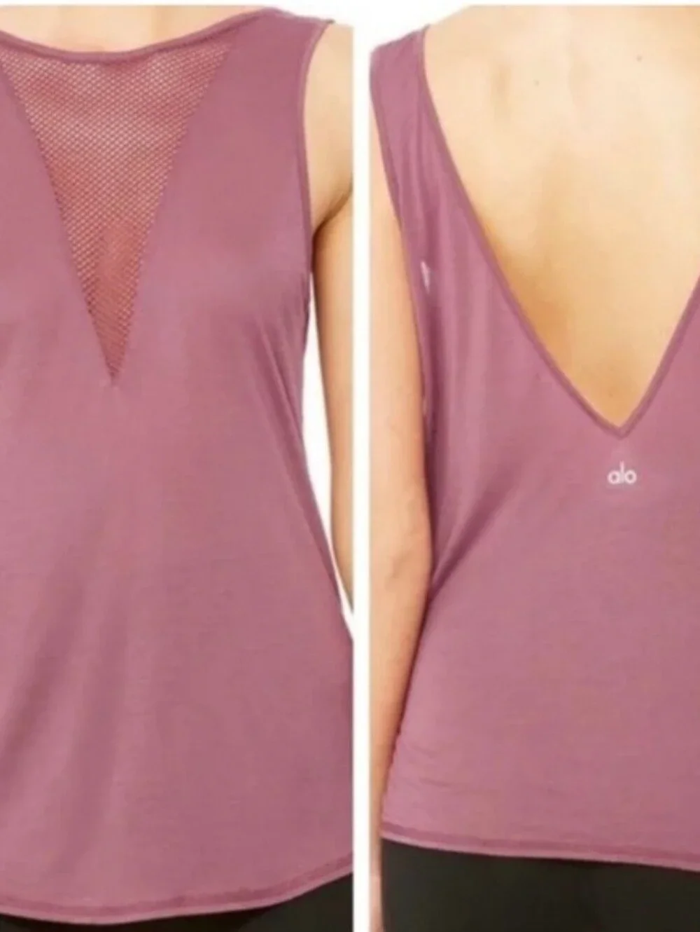 ALO Yoga Warm Up Mauve Modal Mesh Deep V-Neck Performance Tank‎ Women's Size S